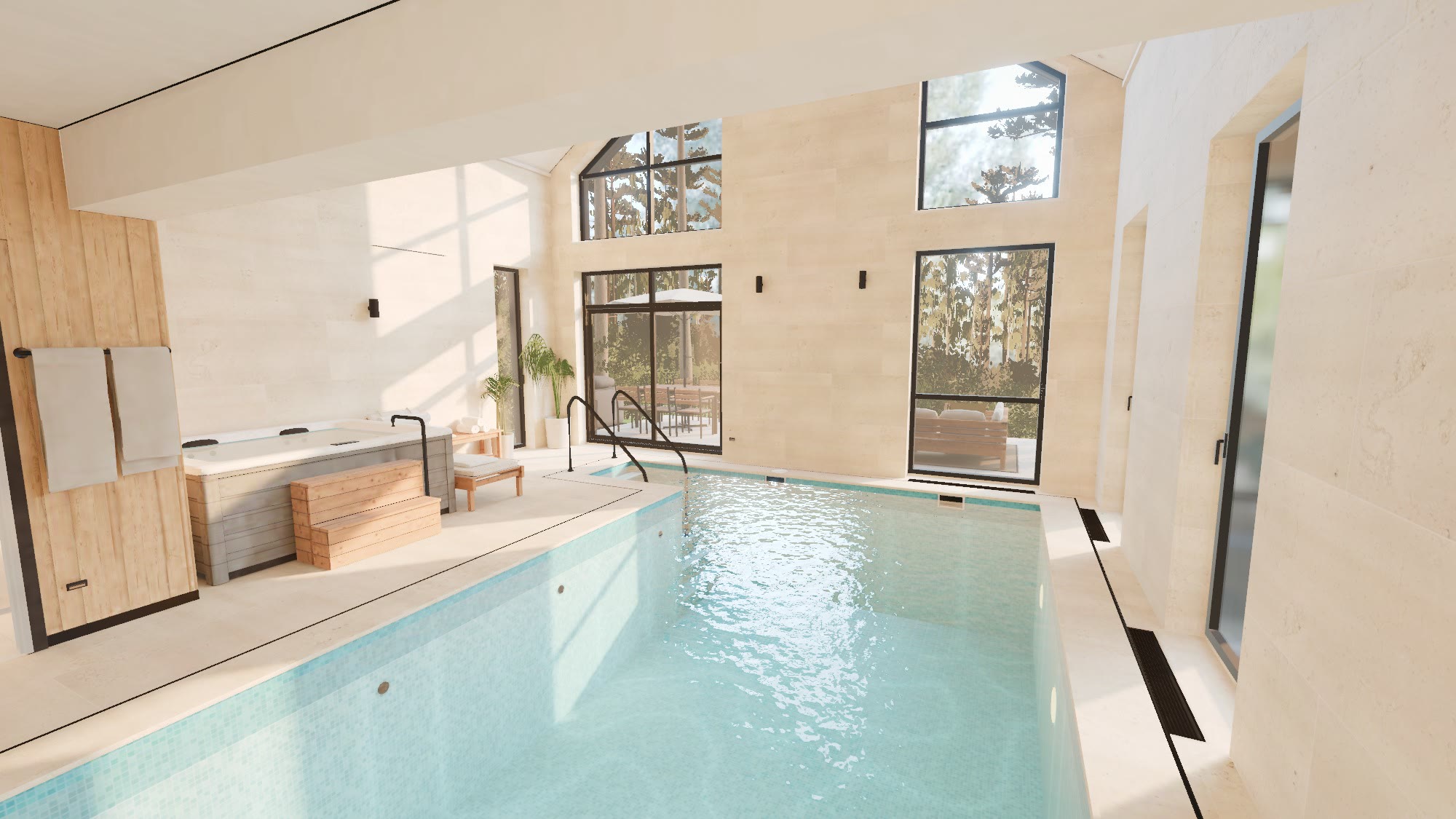 Hala basenu w spacerze 3D HouseVision: woda, jacuzzi, wysokie okna na ogród