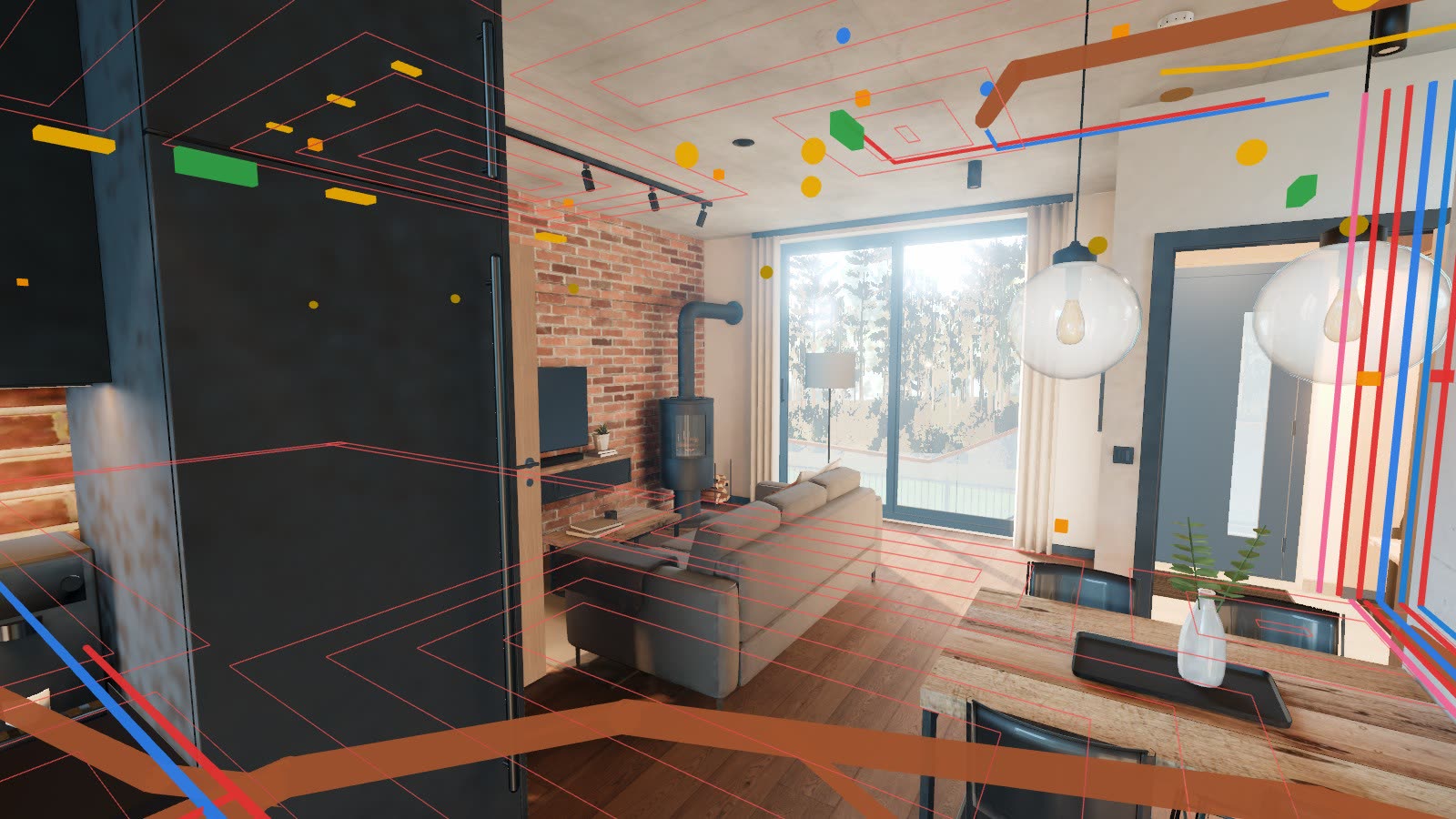 Ściana z instalacjami widocznymi w modelu 3D